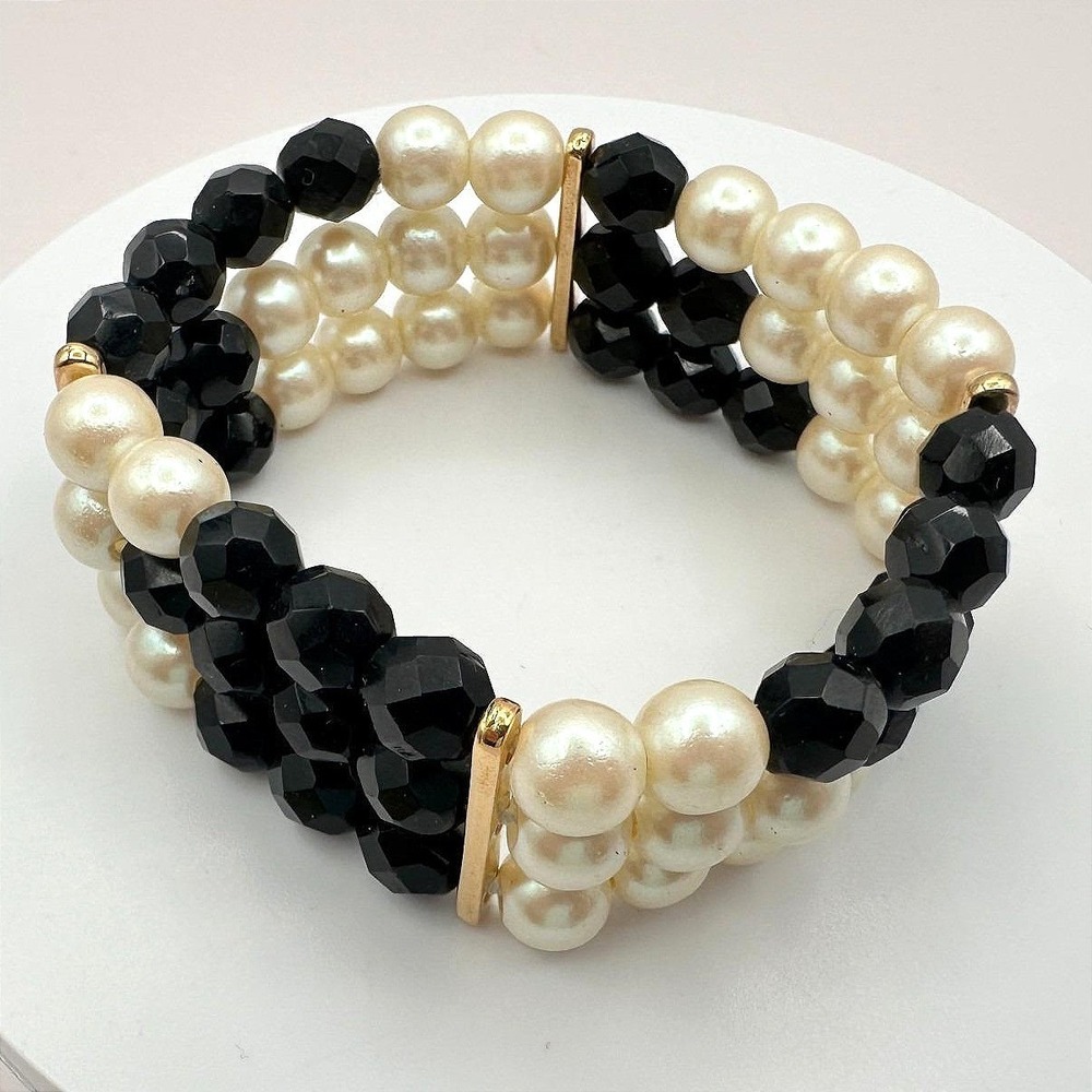 Vintage 80s Triple Strand Faux Pearl Black Bead Stretch Bracelet Elegant Jewelry
